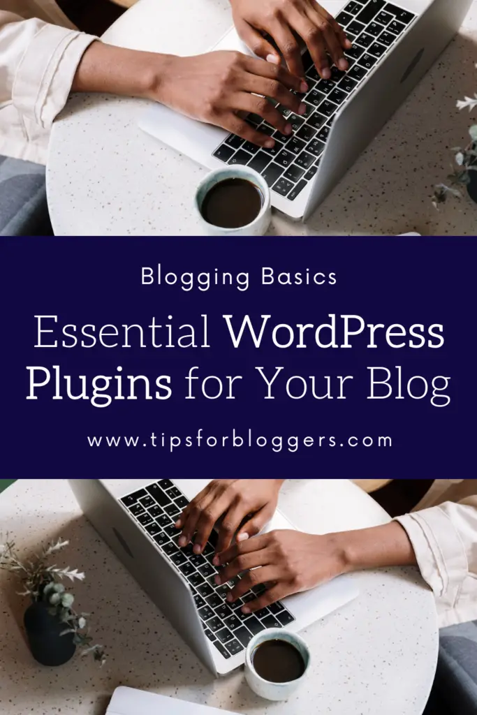 Pinterest Pin for Essential WordPress Plugins showing a woman typing on a laptop