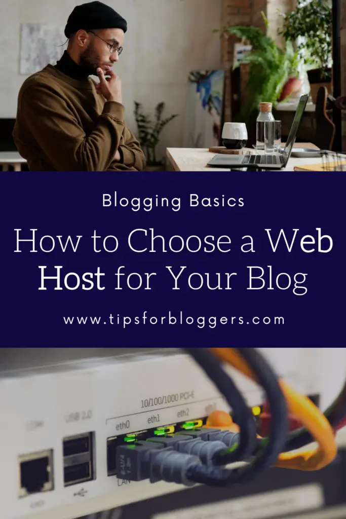 The Pinterest Graphic for How to Choose a Web Host showing a person looking at his laptop and server with some outgoing cables