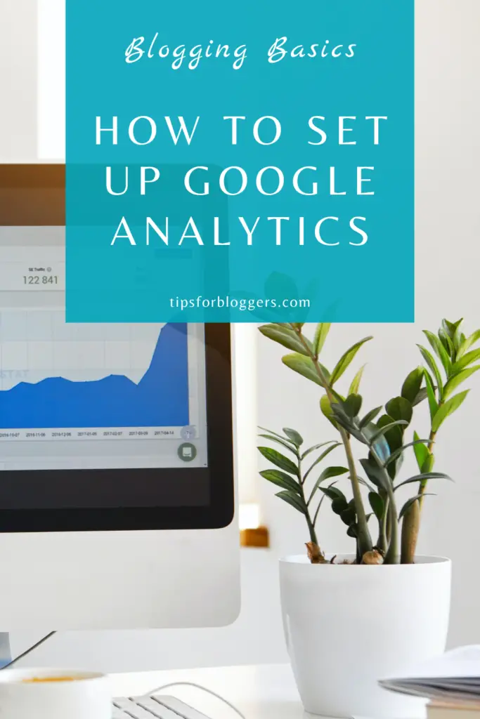 Set Up Google Analytics - Pinterest Graphic 1 showing a computer monitor and a white flower pot