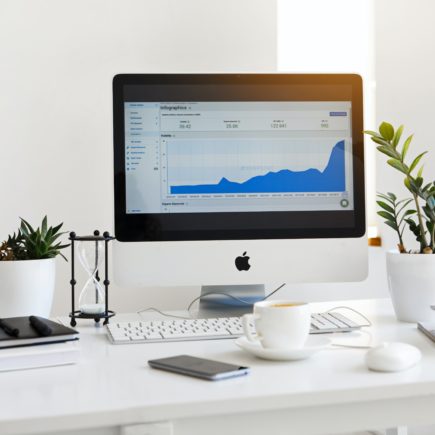 Featured image for guide to set up Google Analytics for WordPress blog showing a computer monitor with a line graph